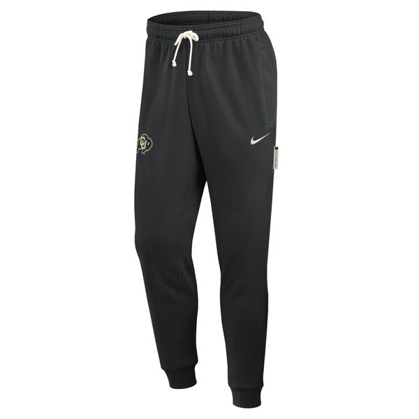 Black jogger pants with CU Buffaloes logo on left thigh, Nike swoosh on right thigh, and adjustable drawstring waistband.