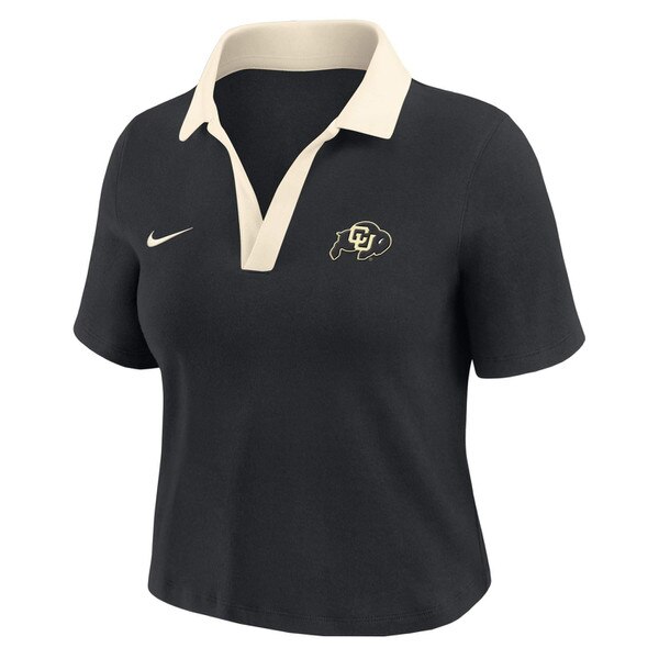 Women's Nike cropped polo with contrast collar, CU Buffaloes logo on chest, and Nike Swoosh on front.