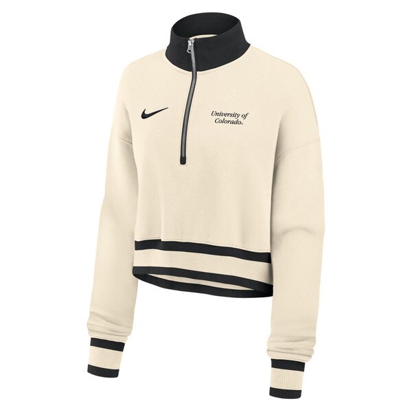 Women's cropped quarter-zip sweatshirt with “University of Colorado” text and Nike logo on front, featuring ribbed collar, cuffs, and striped hem.