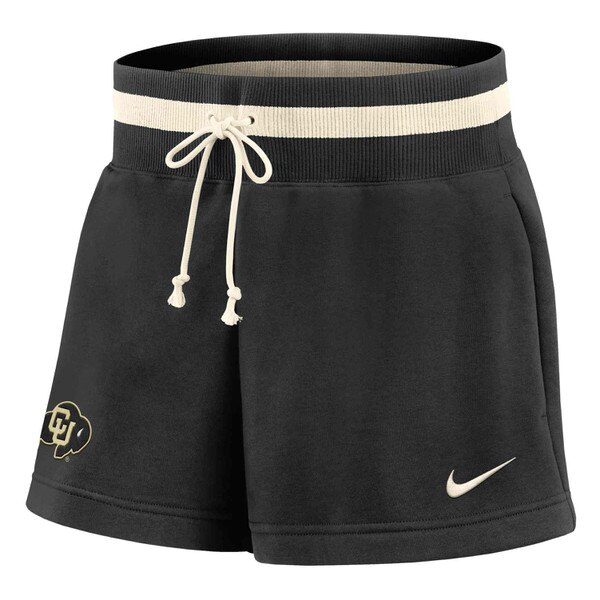 Women's Nike shorts with drawstring waist, CU Buffaloes logo on left leg, and Nike Swoosh on right leg.
