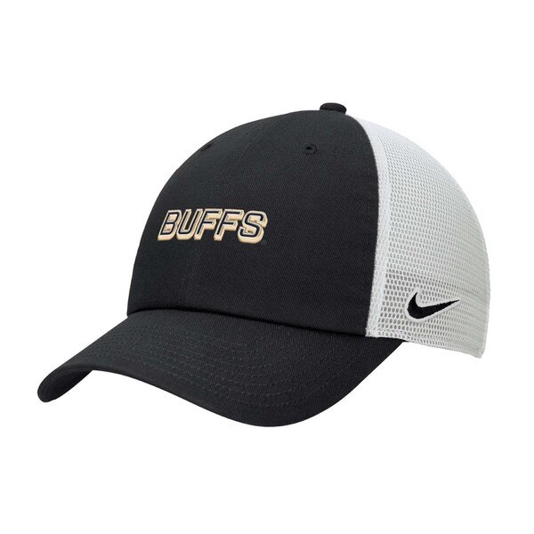 Black and white Nike baseball hat with "BUFFS" embroidered in gold and white on the front and a black Nike Swoosh on the white mesh side panel.