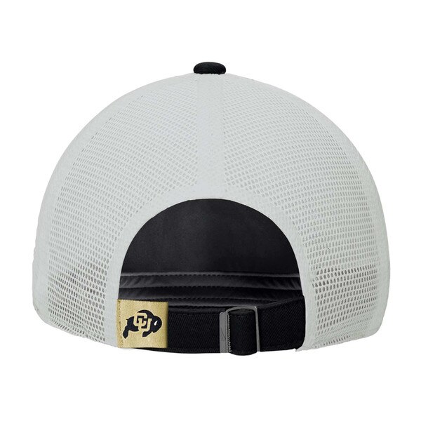 Back side of black and white Nike baseball hat with "BUFFS" embroidered in gold and white on the front and a black Nike Swoosh on the white mesh side panel.