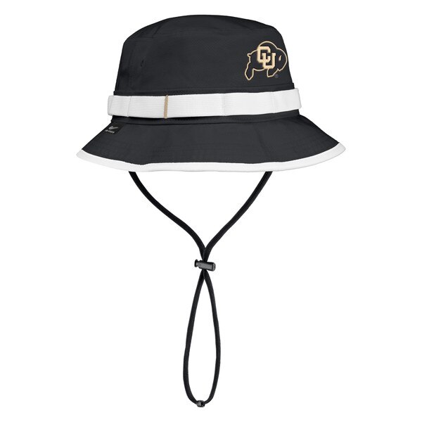 Black Nike bucket hat. Ralphie logo on center front, white strap around brim. Neck cord on underside.