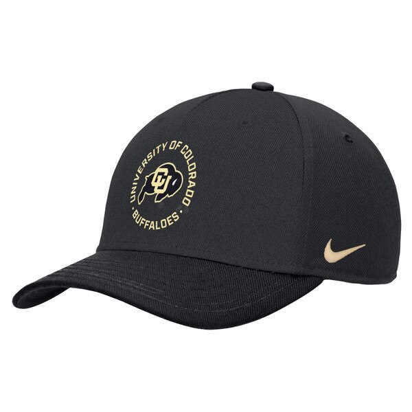 Black curved-bill hat with CU Buffaloes logo centered in circular “University of Colorado Buffaloes” text and gold Nike swoosh on left side.