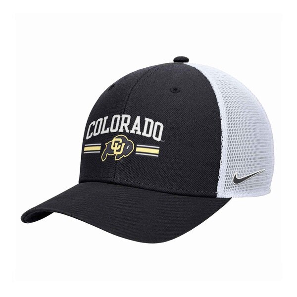 Black and white mesh trucker hat with arched “Colorado” text, CU Buffaloes logo and stripes on front, and black Nike swoosh on side mesh panel.