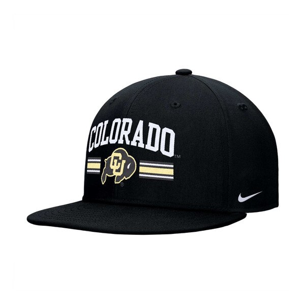 Black flat bill hat with arched “Colorado” text, CU Buffaloes logo, gold and white stripes, and Nike swoosh on left side.