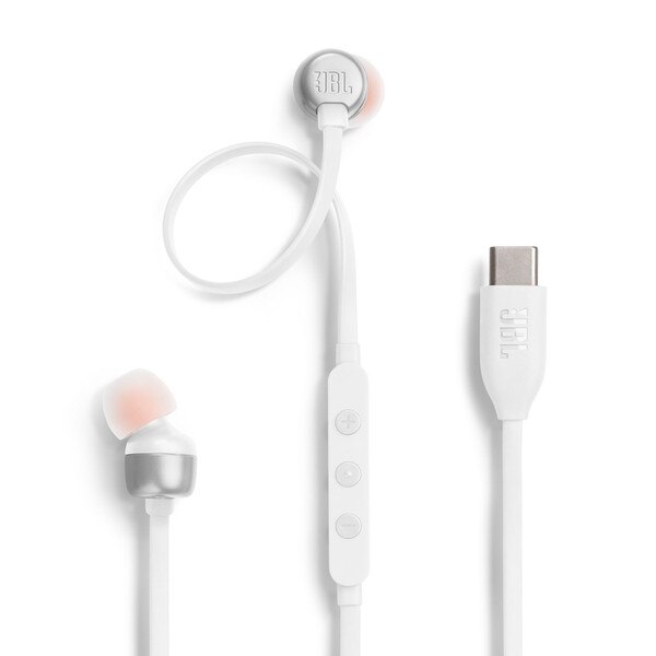 White earbuds, white translucid ear tip showing the underneath orange. The opposite side of the ear tip has a shinny silver with J.B.L engraving. The volume control buttons are in white.