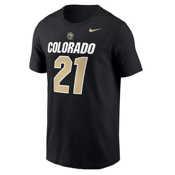 A black t-shirt with the gold Nike logo on the left chest and the interlocking CU logo in black and gold above Colorado written in bold white print and the number twenty-one in gold and white.