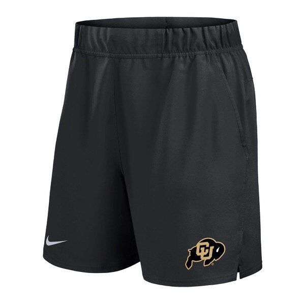 Front view of black Nike athletic shorts with CU Buffaloes logo on left leg and side pockets