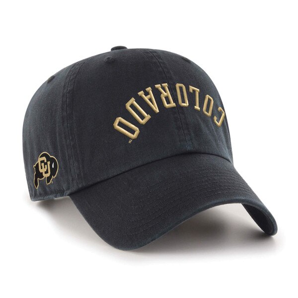 A black hat with Colorado written upside down in gold arched across the front. It also includes a CU Buffalo logo on the right side in black and gold.