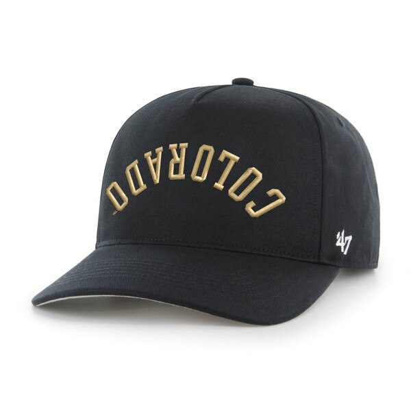 Front view of black hat with vegas gold "Colorado" upside down arched embroidery on front with fourty-seven brand logo embroidered on side with grey underbrim.