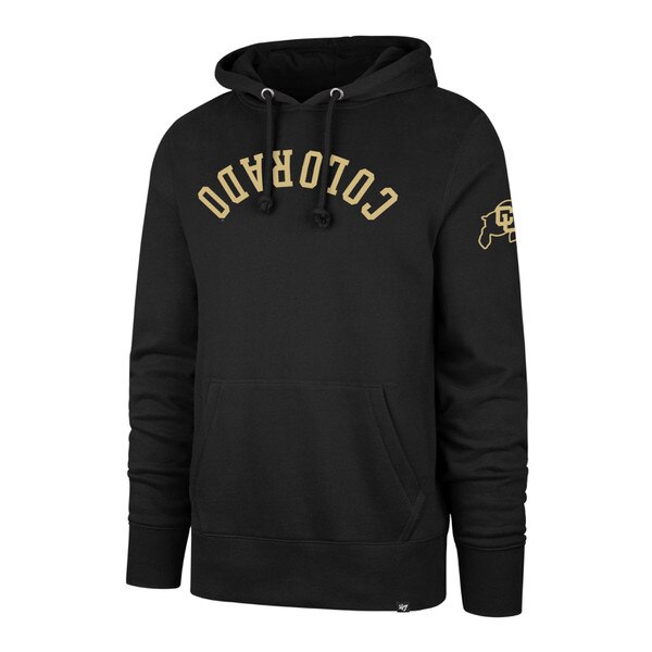 This is a black hoodie. The C.U. Buffalo logo rests below the shoulder. The adjusting cords are black and all text is gold. The CU Buffalo logo is black and gold with a white horn.