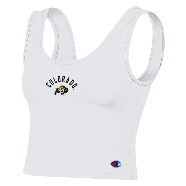 White Champion cropped tank top with CU Buffaloes logo and white “Colorado” text across the chest.