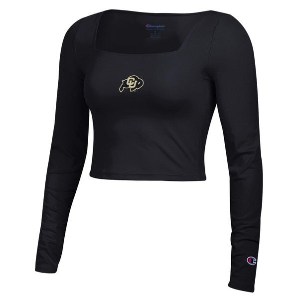 Black Champion long sleeve cropped top with square neckline and CU Buffaloes logo on chest.