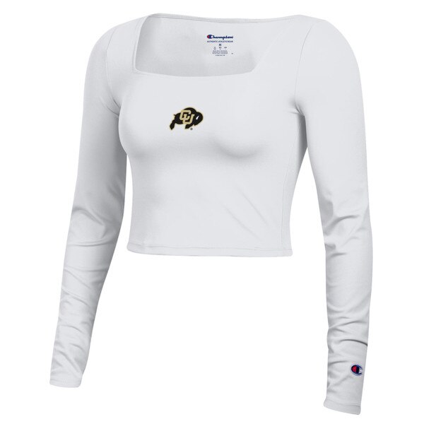 White Champion long sleeve cropped top with square neckline and CU Buffaloes logo on chest.