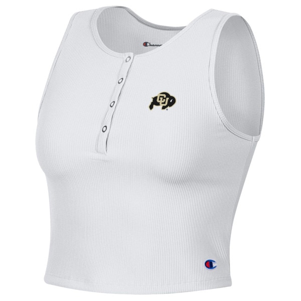 White ribbed cropped tank top with front button placket, CU Buffaloes logo on chest, and Champion logo near hem.