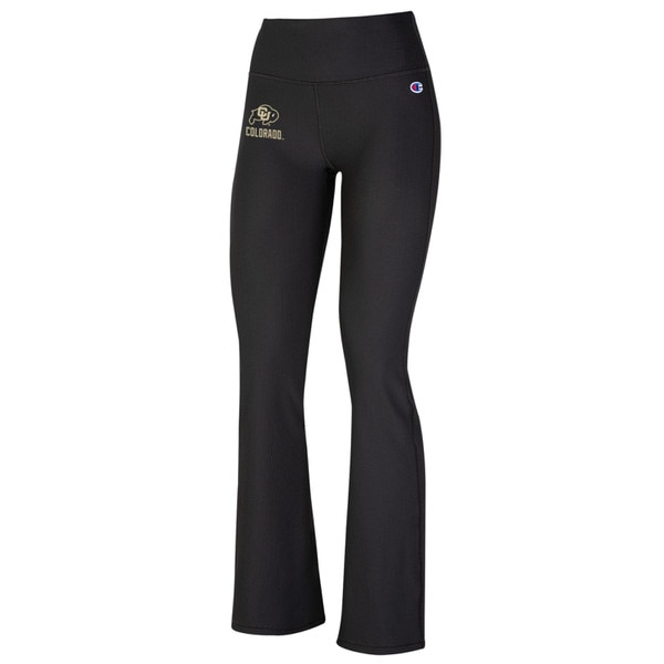 Black Champion flare leggings with CU Buffaloes logo and gold “Colorado” text on left hip.