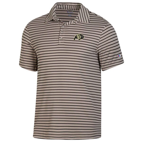 CU Buffaloes beige striped polo shirt with embroidered logo on left chest and Champion logo on left sleeve