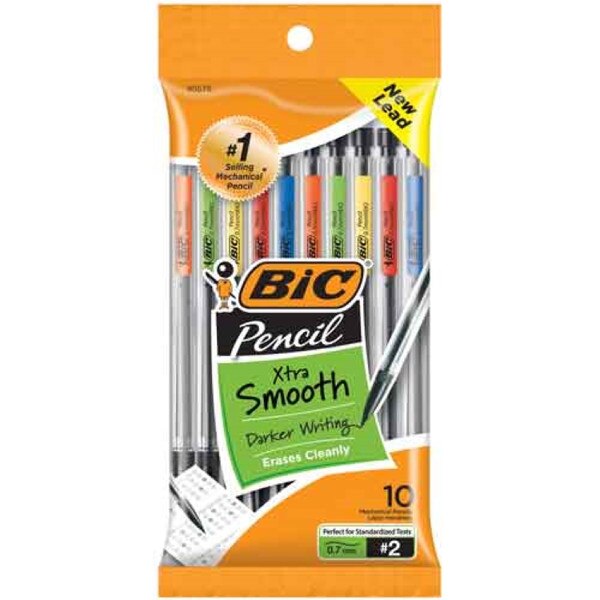10 pack of bic xtra smooth mechanical pencils with 0.7 millimeter lead.