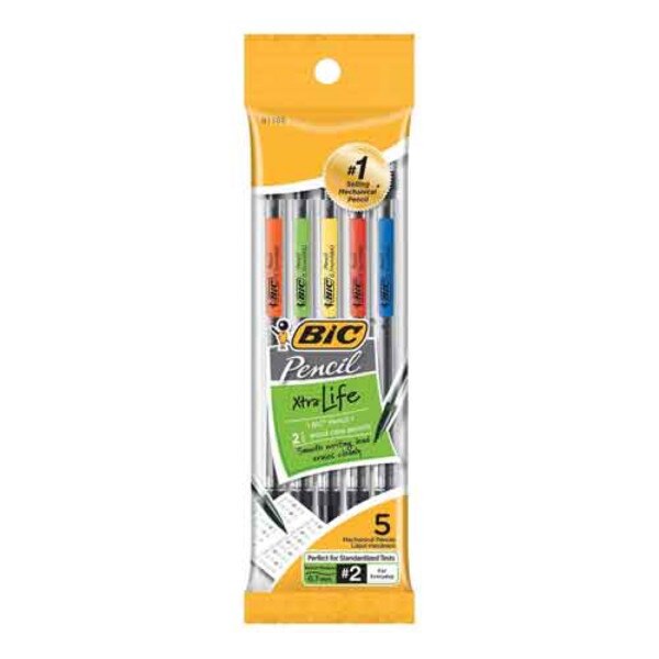 5 pack of 0.7 millimeter lead bic mechanical pencils.