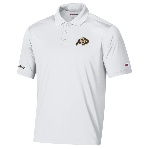 White polo shirt with CU Buffaloes logo on left chest, “Colorado” text on left sleeve, and Champion logo on right sleeve.