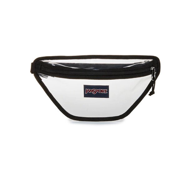 Clear JanSport fanny pack with black trim, zippered main compartment, and front JanSport logo patch.