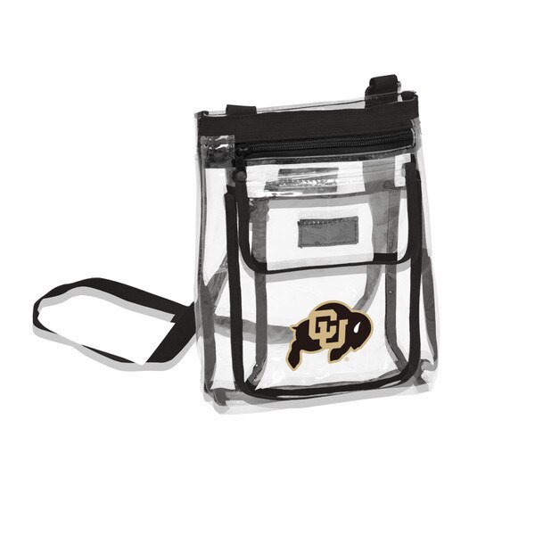 The base of the bag is clear. The logo is black and gold. The strap and closures for the bag are black. The bag is lined with black piping.