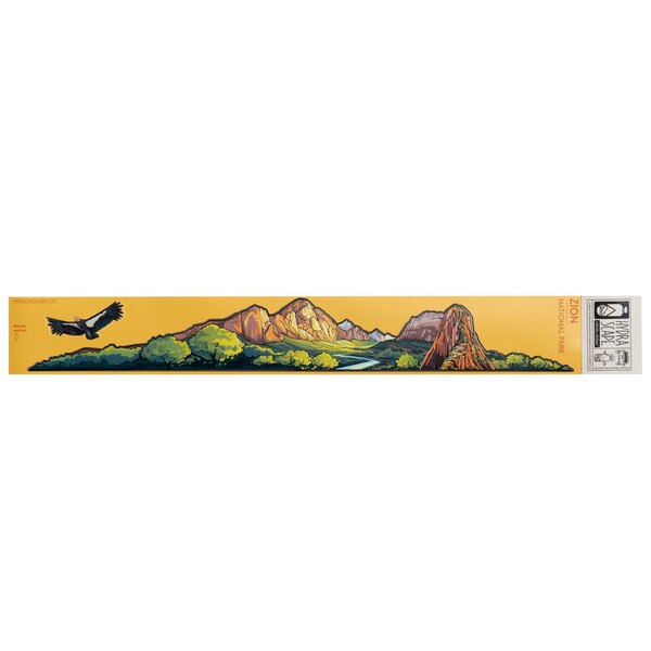Zion National Park panoramic vinyl decal with vibrant landscape artwork, featuring mountains, trees, and a river, designed by Hydra Scape.