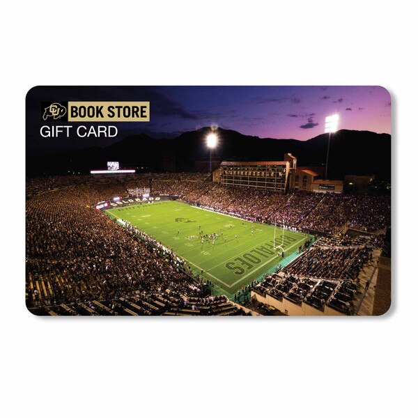 CU Book Store gift card featuring Folsom Field at night during a football game with stadium lights and a sunset sky