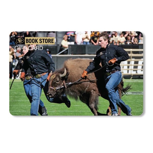 CU Book Store gift card featuring Ralphie the buffalo running on Folsom Field with handlers