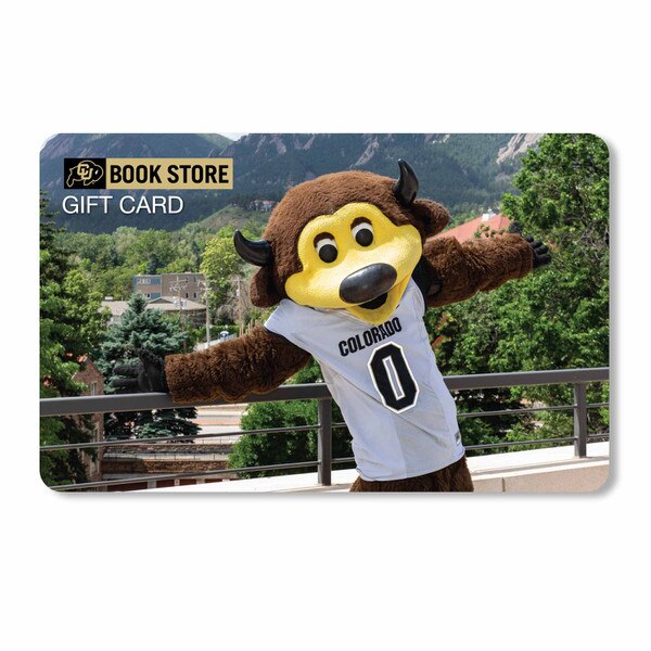 CU Book Store gift card featuring Chip the mascot in a white jersey with campus background