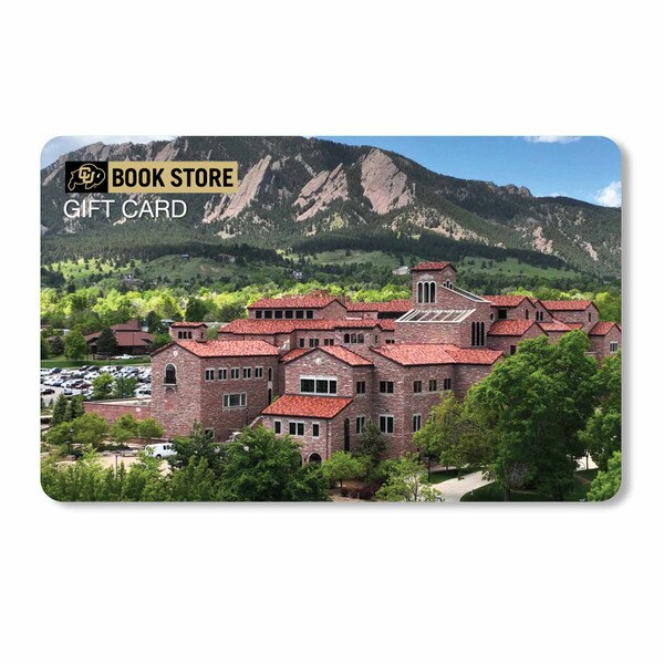 CU Book Store gift card with campus view and Flatirons in the background
