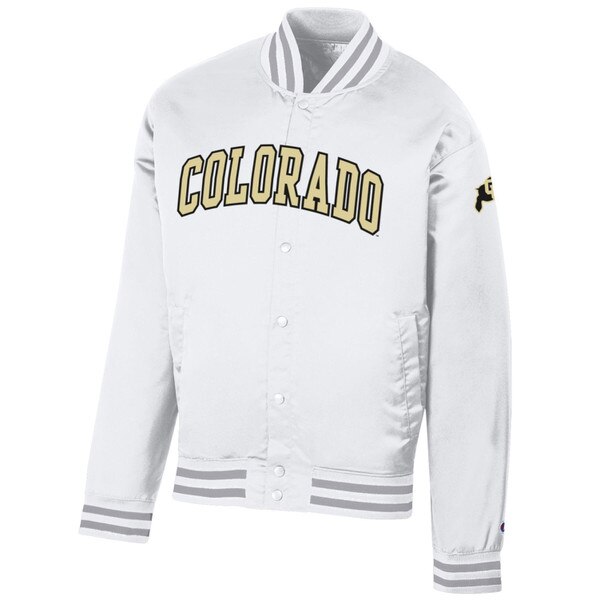 White CU Boulder jacket with embroidered “Colorado” text across the chest, striped collar and cuffs, and metal snap button closure.