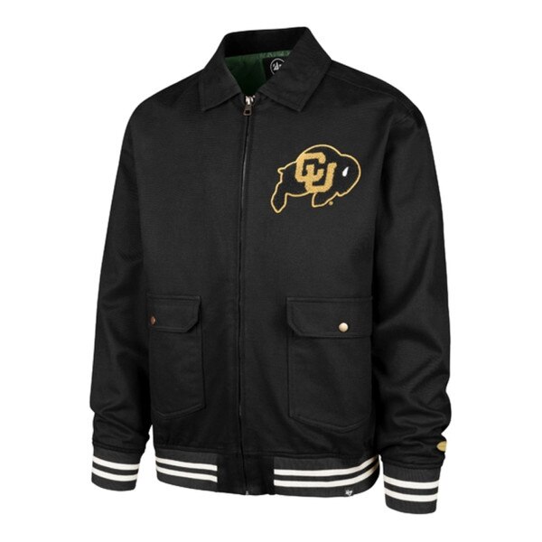 Black zip-up jacket featuring a large gold embroidered Colorado Buffaloes logo on the left chest, two front flap pockets with buttons, and black-and-white striped cuffs and hem.