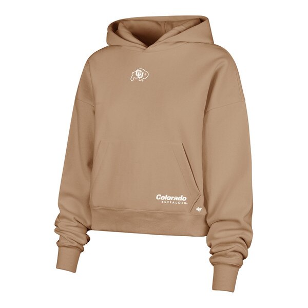 Tan CU Boulder heavyweight fleece hoodie with embroidered buffalo logo on chest, Colorado text near hem, front pouch pocket, and ribbed cuffs.