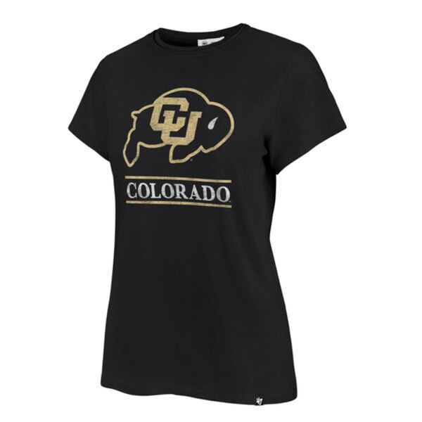 Women's black Colorado Buffaloes t-shirt with gold CU Buffaloes logo and “Colorado” text below, angled front view