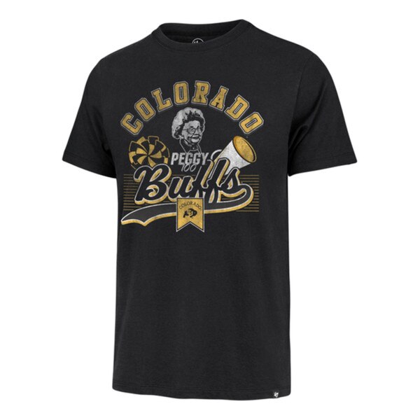 A black shirt with "Colorado" printed in gold. An image of Peggy with a pom pom and megaphone on the center. "Buffs written underneath and the buffalo logo.