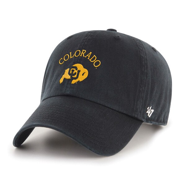 A black cap with a gold colorado and CU buffaloes logo on the front. A small 47 brand logo on the left side.