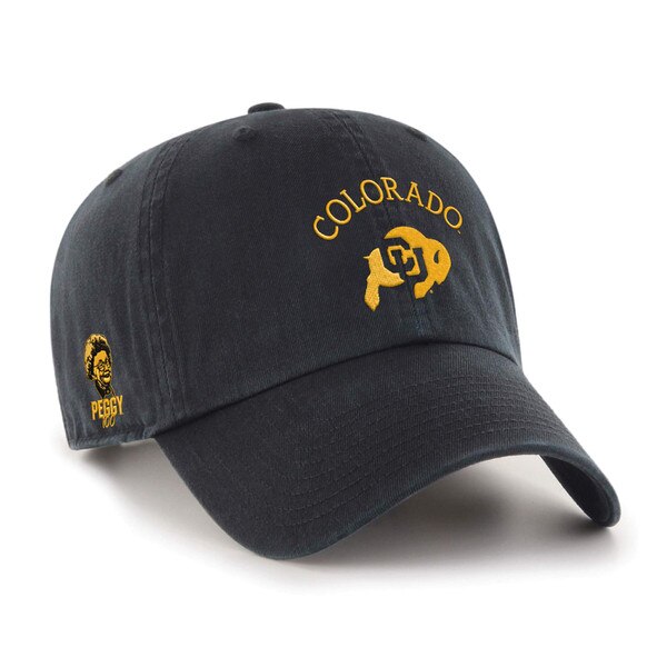 A black cap with a gold colorado and CU buffaloes logo on the front. A small peggy100 logo on the right side.