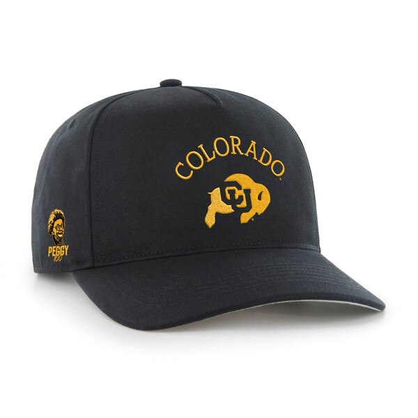 A black hat with "Colorado" and the CU buffalo logo embroidered on the front in a gold color. A small Peggy100 logo on the right side.