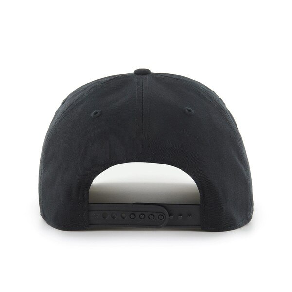 The back of a black cap with an adjustable snap buckle.