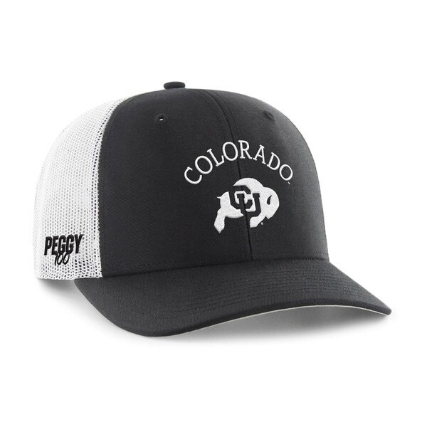 A black hat with "Colorado" and the iconic buffalo logo emrboidered in white on the front. The white mesh side says Peggy 100.