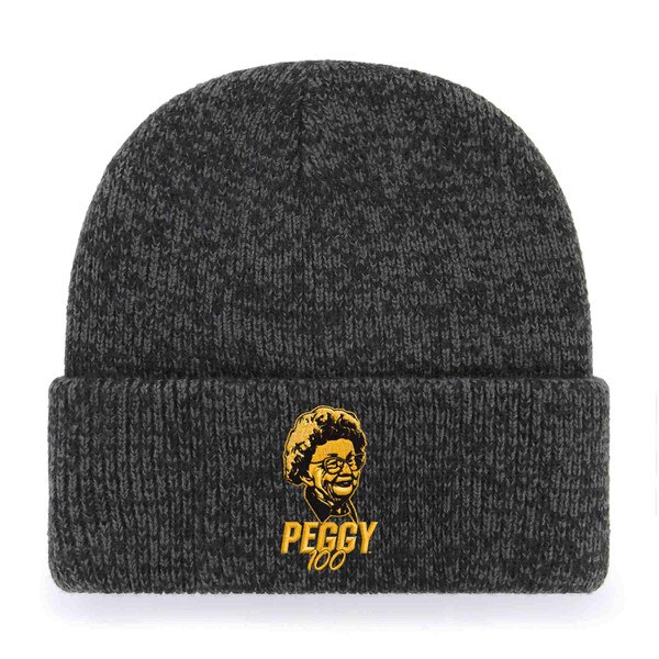 A heather black knit beanie with Peggy100 logo in cuff in bright vegas gold stitching.