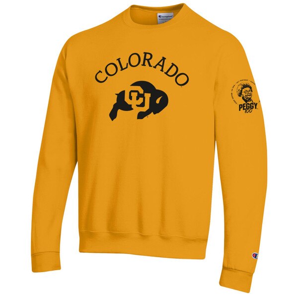 This is a bright gold crewneck sweatshirt. All text and print are black. Illustration of Peggy is Photo realism.