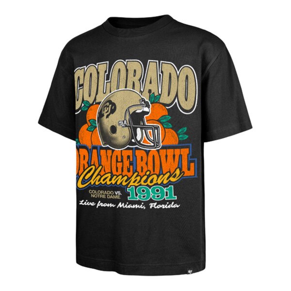 CU Boulder black Orange Bowl Champions 1991 graphic T-shirt featuring football helmet and orange design