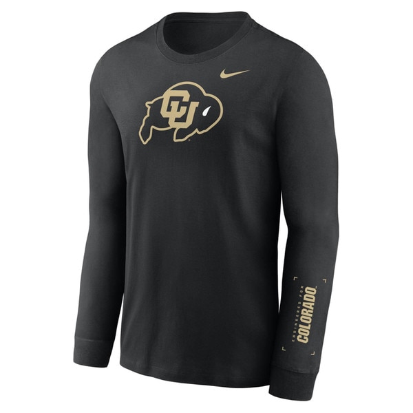 Black long-sleeve Nike shirt featuring the Colorado Buffaloes logo in gold on the chest, a small gold Nike swoosh near the collar, and the word "Colorado" printed vertically in gold on the left sleev