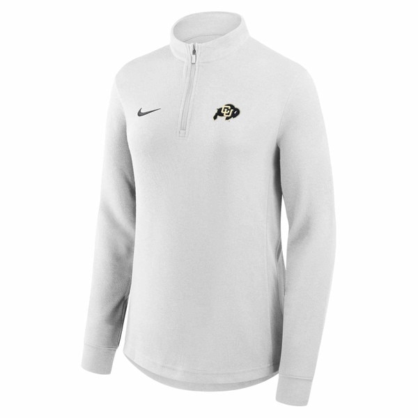 White CU Boulder quarter-zip pullover with embroidered Buffalo and Nike logos, long sleeves, and soft brushed fabric