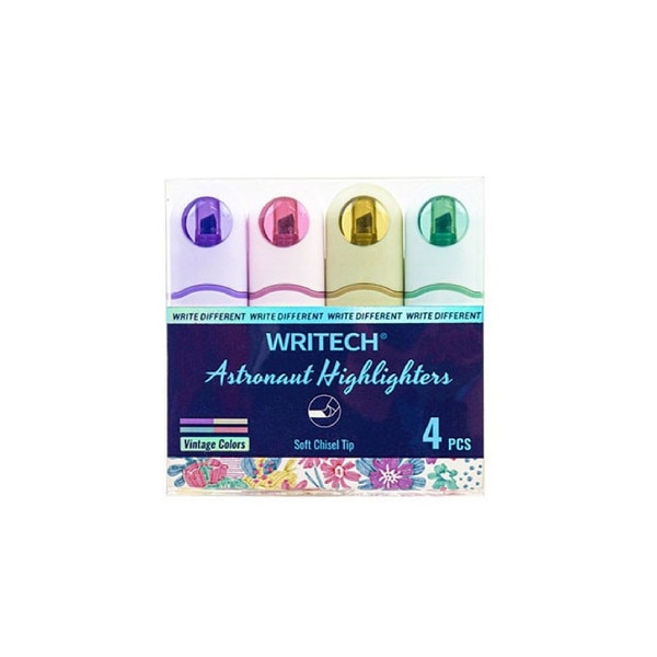 Pack of 4 Writech Astronaut pastel highlighters with chisel tips in yellow, peach, green, and blue