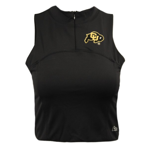 Black sleeveless crop top with CU Buffaloes logo on left chest