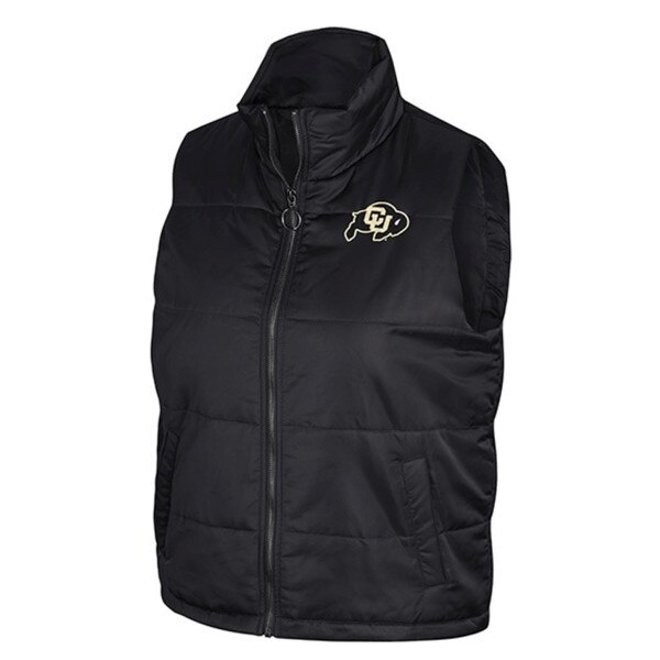 Black CU Boulder puffer vest with embroidered logo, two front pockets, and insulated design for lightweight warmth